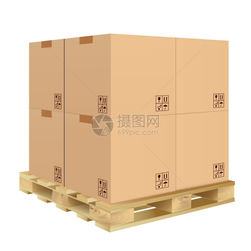 棕色封闭纸箱送货包装盒与脆弱的标志木制托盘上隔离白色背景矢量插图图片