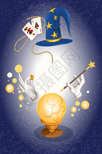 魔术师装饰彩色背景与巫师帽金色球体矢量插图背景图片