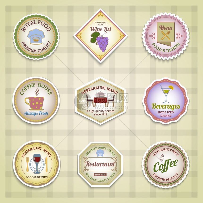 餐厅菜单皇家食品优质食品饮料标签颜色孤立矢量插图图片