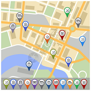 网页导航素材旅游城市路线图与导航GPS引脚图标矢量插图插画