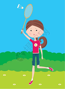 羽毛球美女卡通女孩打羽毛球插画
