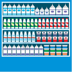 酸奶瓶包装展示乳制品的超市货架插画