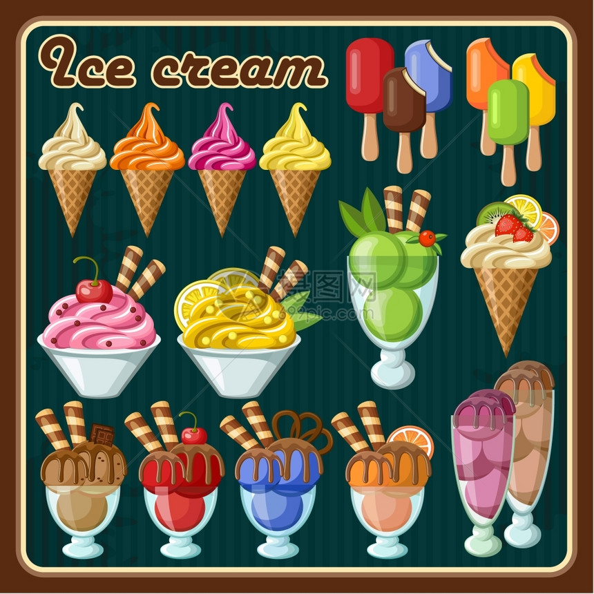 黑暗背景上同种类冰淇淋的图像矢量插图图片