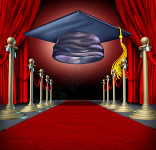 板件典礼毕业典礼和庆祝概念作为戏剧舞台上的迫击板放在红地毯上作为大学或完成业的教育象征设计图片