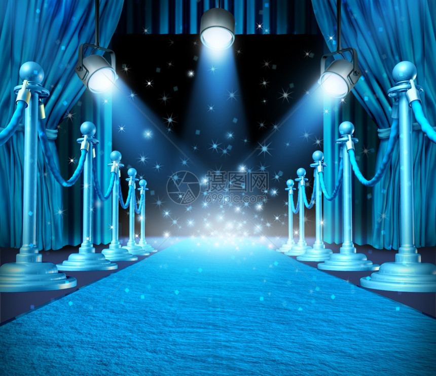 在聚光灯和中心或焦点与蓝光灯在舞台上作为一个概念娱乐与绳索屏障和青色光亮闪的作为重要的展示活动背景图片