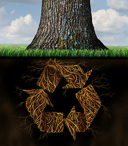以循环利用图标的箭头形成地下根作为清洁全球自然资源和永恒循环的世界境和养护比喻背景图片