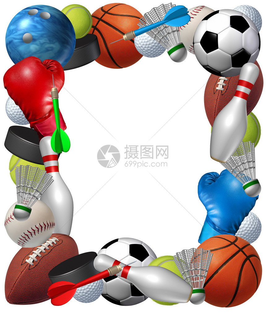 足球飞镖冰和棒是白种背景隔离的健身和康边界图片