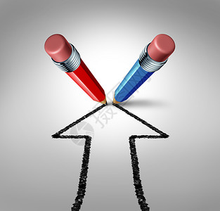 红色蓝色箭头将目标组合和联手作为团队伙伴关系促进商业成功为红蓝铅笔作增长和财富关系牢固的政象征背景