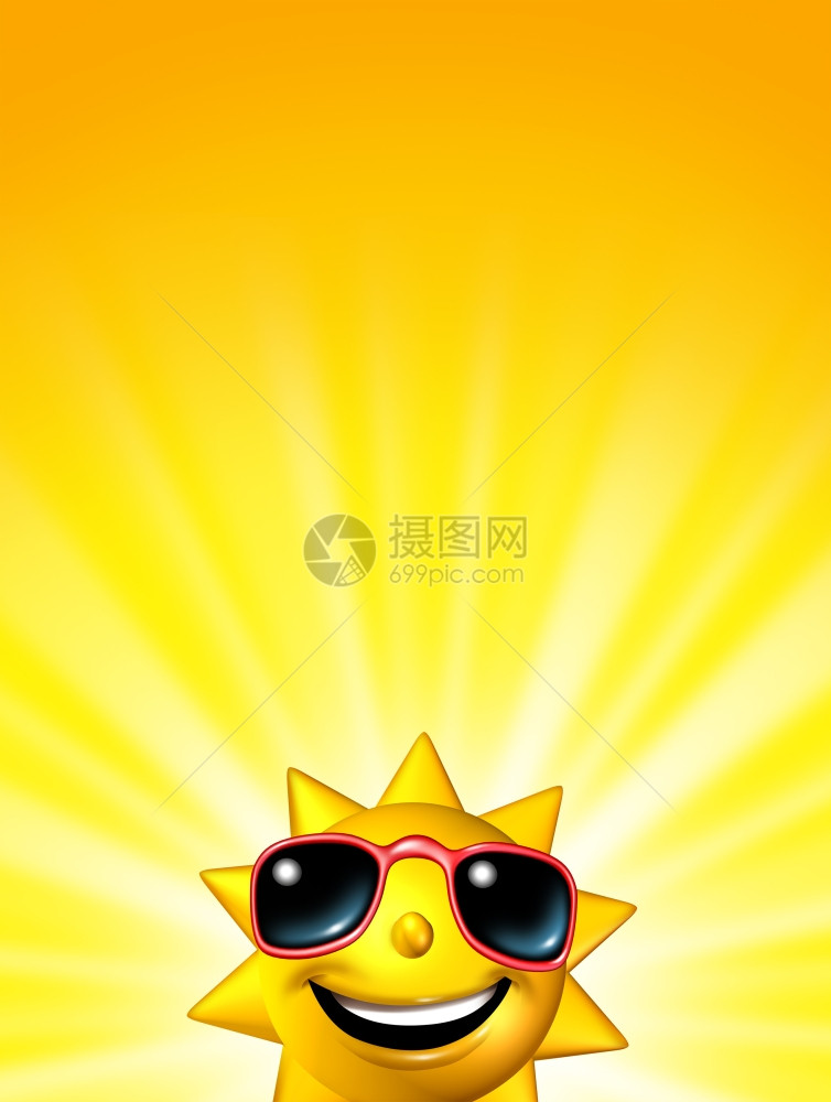 日出时快乐的太阳格戴眼镜或日落概念黄色背景明亮光束散文字空白区域图片