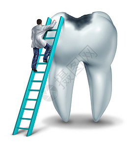 纸浆牙科保健和医疗标志有牙或穿制服的生在梯子上诊断症状在白种牙齿上对有洞口的牙齿进行紧急手术设计图片