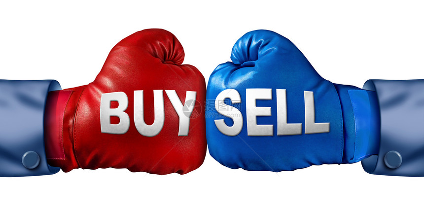 在象征金融圈投资中用两只手套为孤立于白种背景的股票市场交易方向而斗争作为拳击比赛购买或出售一个企业的股票或份图片