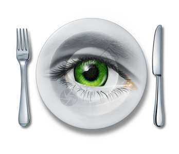 盘子中石榴籽食品健康检查和对餐馆厨房饮服务进行质量控制作为叉子和刀作为人的眼睛在白色食物中寻找最佳选择设计图片
