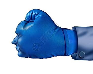 商业竞争对手和金融优势象征用蓝拳手套以人头为形状作领导力战略和进攻规划概念孤立在白色上背景图片