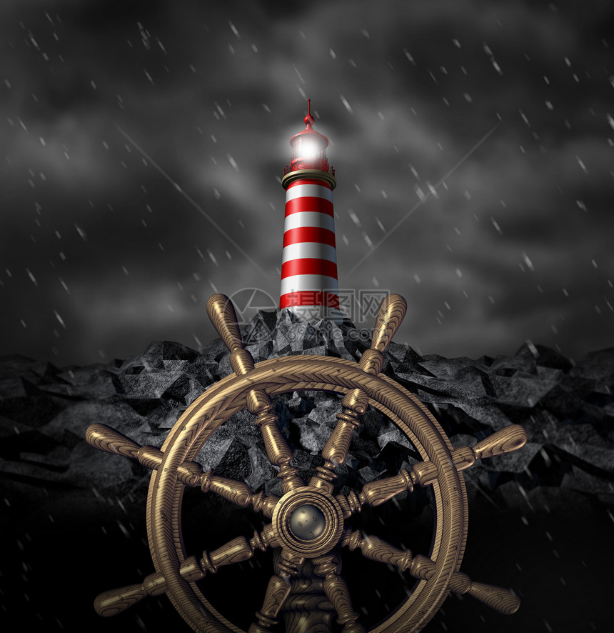领导决策和战略在经历风暴和动荡的商业挑战时以风雨作为轮船图标以灯塔为警告前面的困难和危险图片