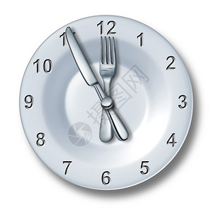 白色时钟午餐时间用概念盘子上有叉和刀形状是时钟数字白种背景食物和饮料餐业中食时间或快餐娱乐的象征背景
