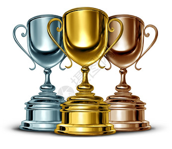 金银和铜奖杯是体育或比赛中最好的三个获奖者是体育或比赛中作为一场重要白人活动领导团体的育风范和成功象征背景图片