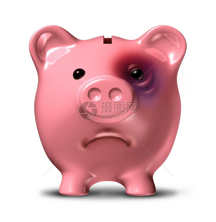 金融压力和债务危机是一个不良的投资商业概念有一个粉红色的小猪银行有痛苦的黑眼圈象征着经济衰退造成的国内财政和预算问题破裂图片