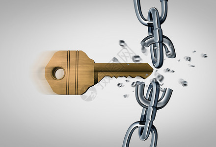 锁和钥匙打破链条和作为关键断裂金属链接的开锁概念作为3d的安全和商业成功图标打破链条背景