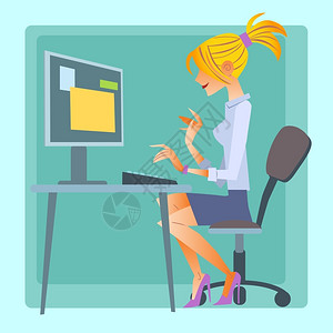 工作日记女人在办公室用计算机网络合作插画