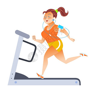 美女健身房在跑步机上听音乐的胖女孩插画