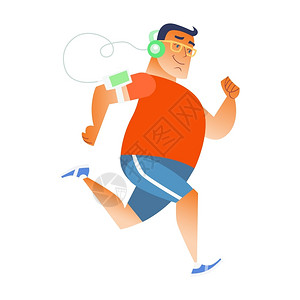 傍晚跑步男人带着耳机听着音乐跑步插画