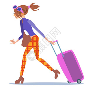 旅行女游客随行李箱旅美丽的红发女孩旅行游客随李箱旅图片素材