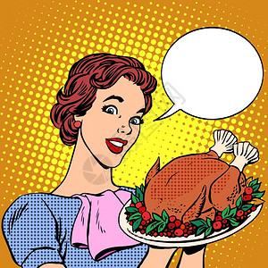 感恩节框端着火鸡的女人插画