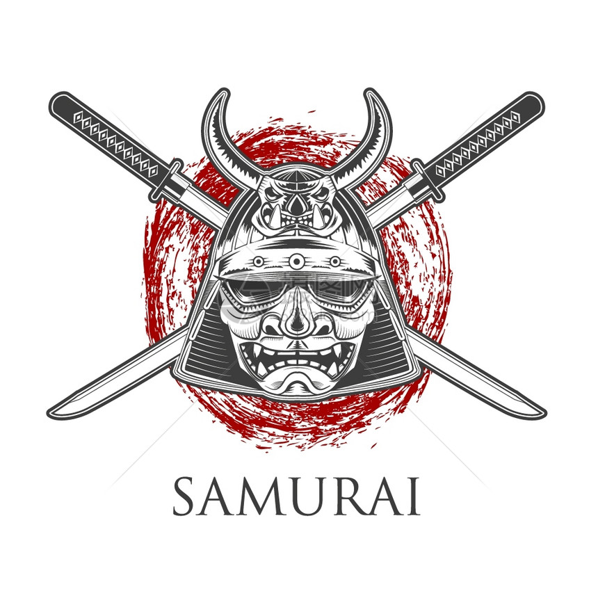 武士面具有卡塔纳标签徽章模版矢量示意图图片