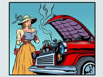 汽车手册女人在破车附近看维修手册插画