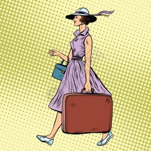 波普艺术复古风格带手提箱的女旅行家思想高清图片素材
