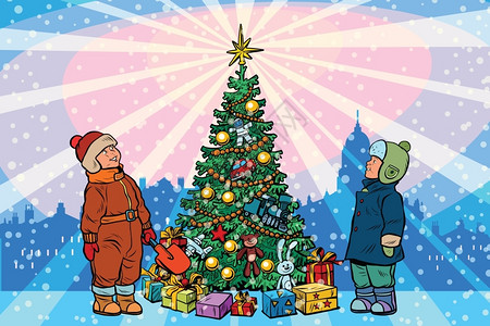 两个男孩两个小男孩站在圣诞树下抬头看向顶端发出的光芒插画