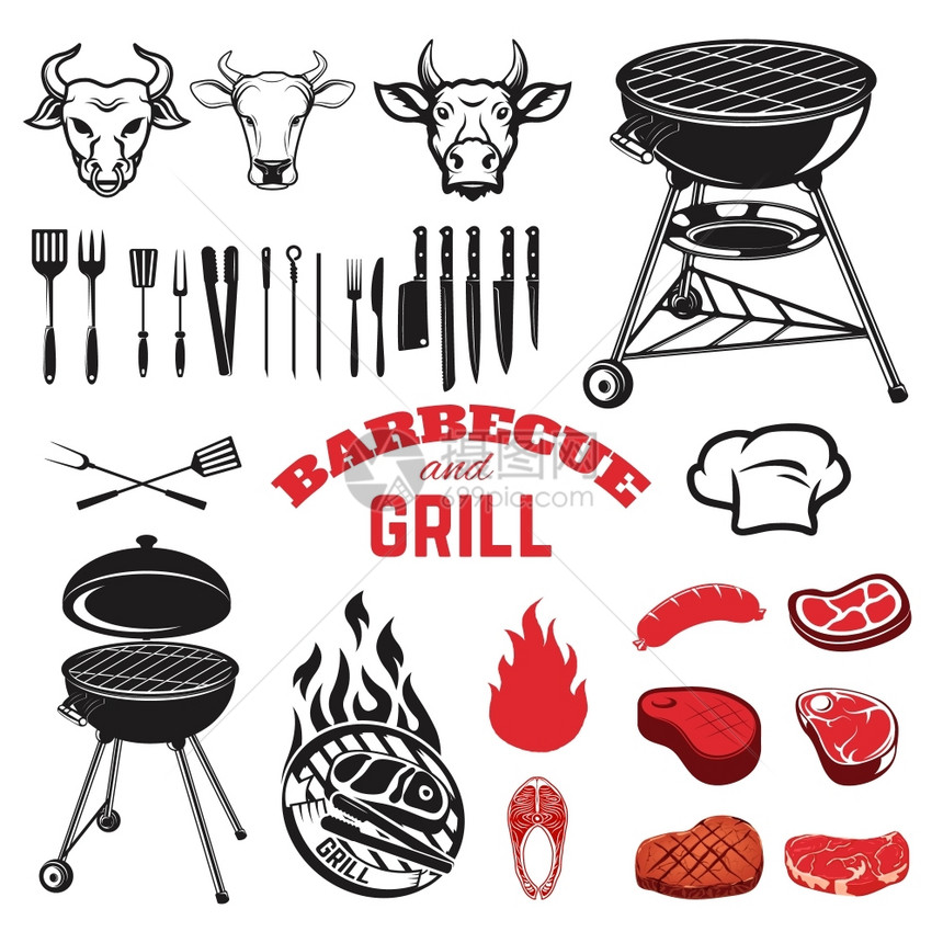 牛头厨房工具牛排生肉烤鱼矢量插图图片