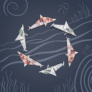 纸币海豚在海底背景里背景图片