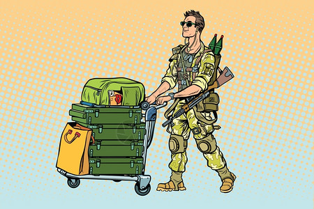 军事旅游携带行李的雇佣军战争和士兵流行艺术回向矢量说明图片