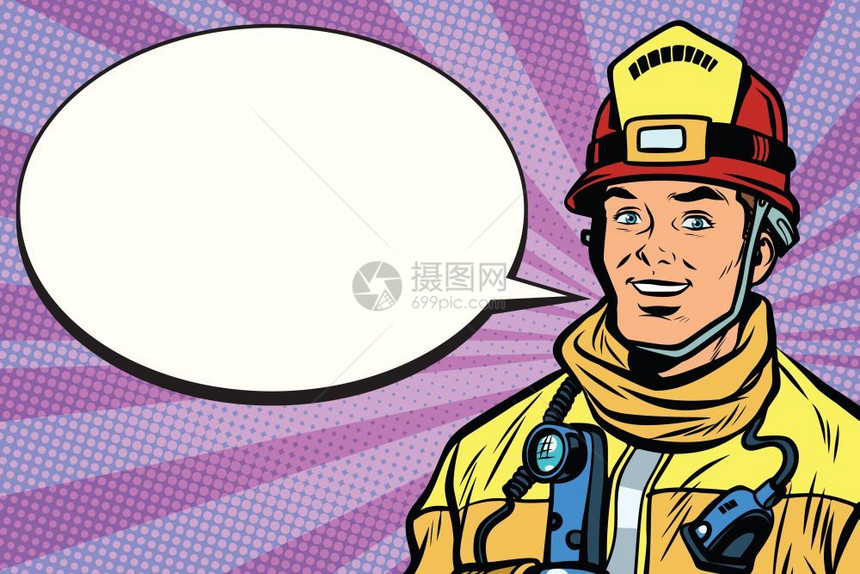 一个微笑的消防员肖像漫画书泡沫流行艺术复现漫画书矢量插图一个微笑的消防员肖像漫画书泡沫图片