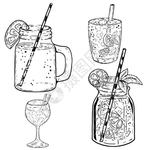 柑橘莫吉托在白色背景上画出一组夏季鸡尾酒海报符号菜单矢量图解的设计元素插画