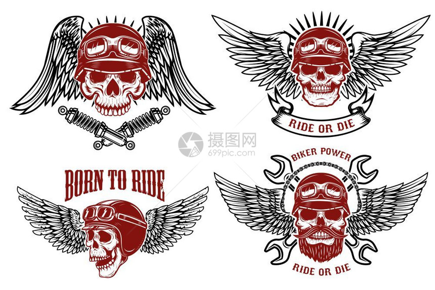 一组带有赛车头骨的徽章自行车俱乐部标签矢量插图图片