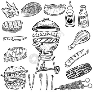 牛排手机端模板手绘烧烤架设计元素海报餐厅菜单矢量图插画