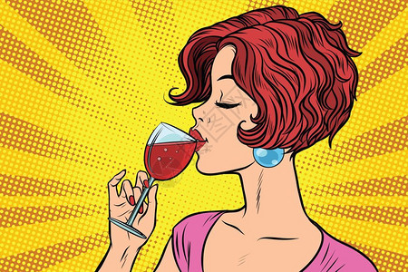 葡萄酒生活流行艺术喝红酒的女人插画