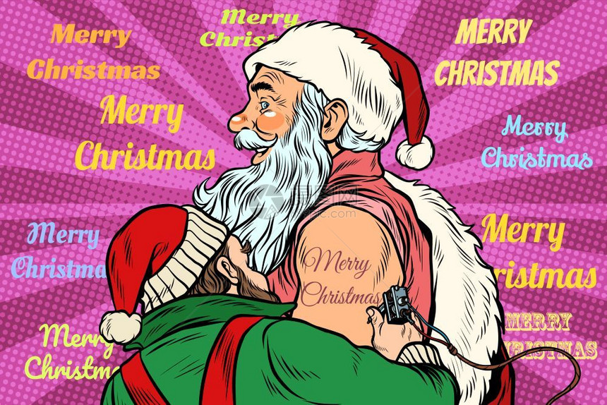 拥有圣诞快乐纹身的圣诞老人图片