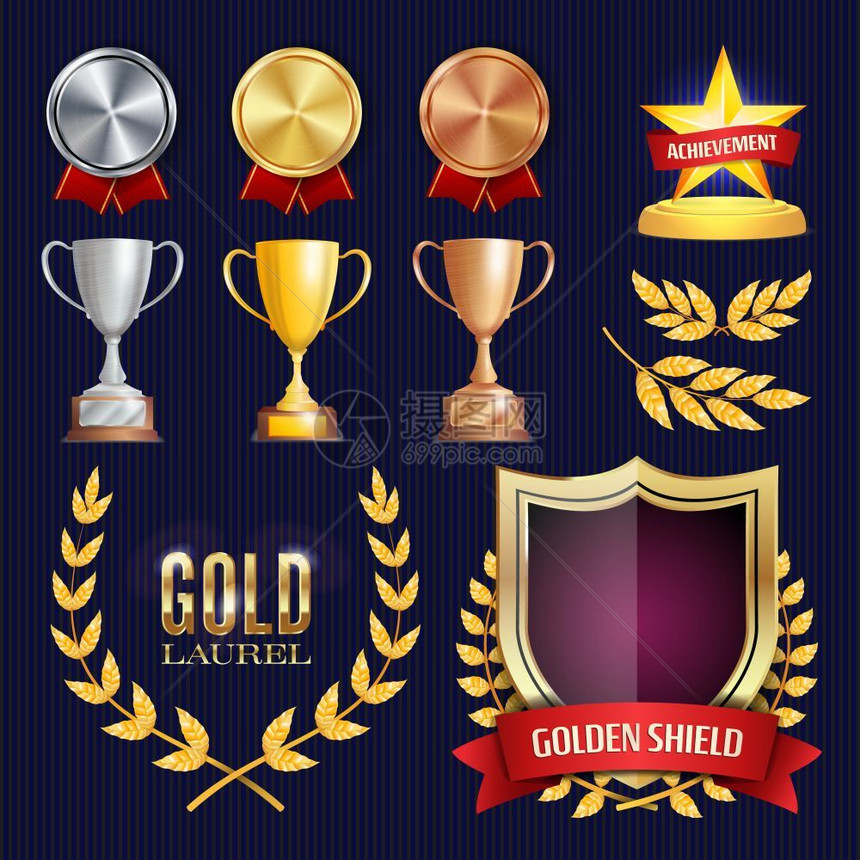 奖杯金牌和标签冠军和金银铜徽章奖牌组合矢量元素图片
