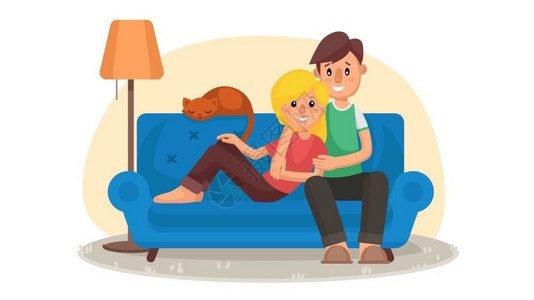卡通甜蜜的情侣坐在沙发上图片