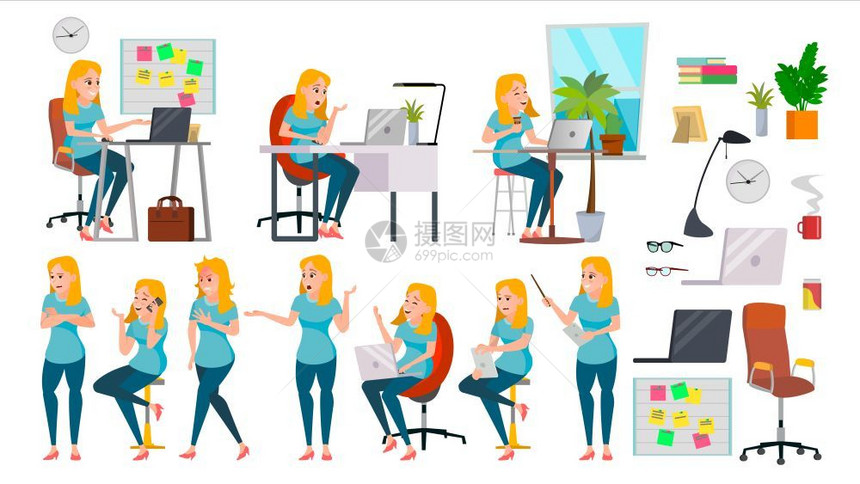商务女白领卡通形象和办公用品扁平风插画图片