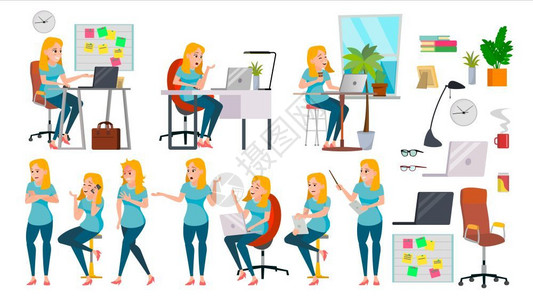 商务女白领卡通形象和办公用品扁平风插画图片