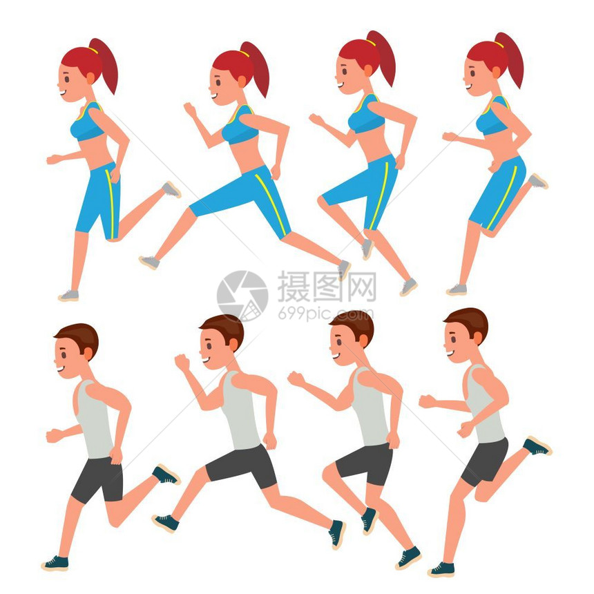 男女运动矢量画框运员健身马拉松道路赛跑者女侧观妇运动装扮锻炼孤立的平板插图运动服饰慢跑者夫妇侧观马拉松道路赛跑步夫妇图片