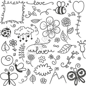 黑白卡通涂鸦花卉昆虫元素图片
