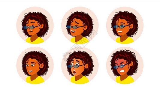 拉直头发非裔女子表情合集插画