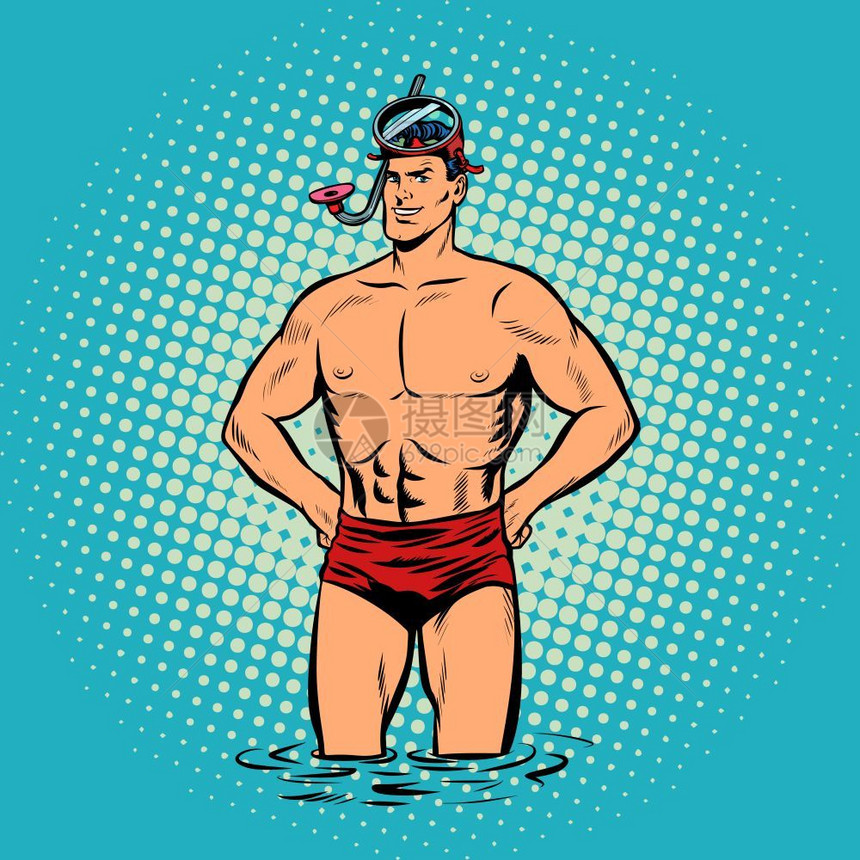 穿游泳裤的潜水员救生男矢量插图图片