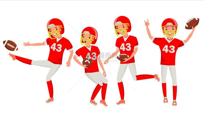 夏季美国足球男运动员以不同姿势打球卡通人物插图图片