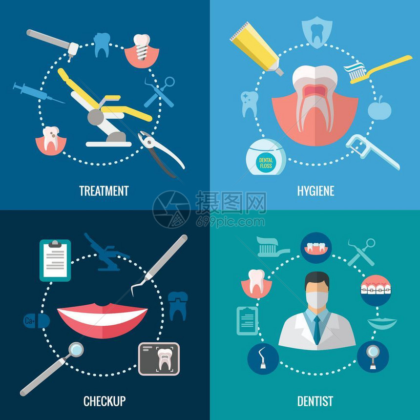 牙科服务病媒概念牙齿护理保健和预防假牙口腔科工具说明图片